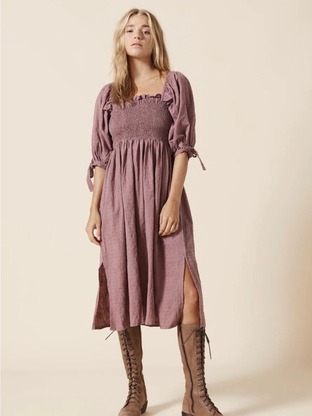 Opia Rust Smocked Midi Dress with Puff Sleeves - Picture 5 of 5